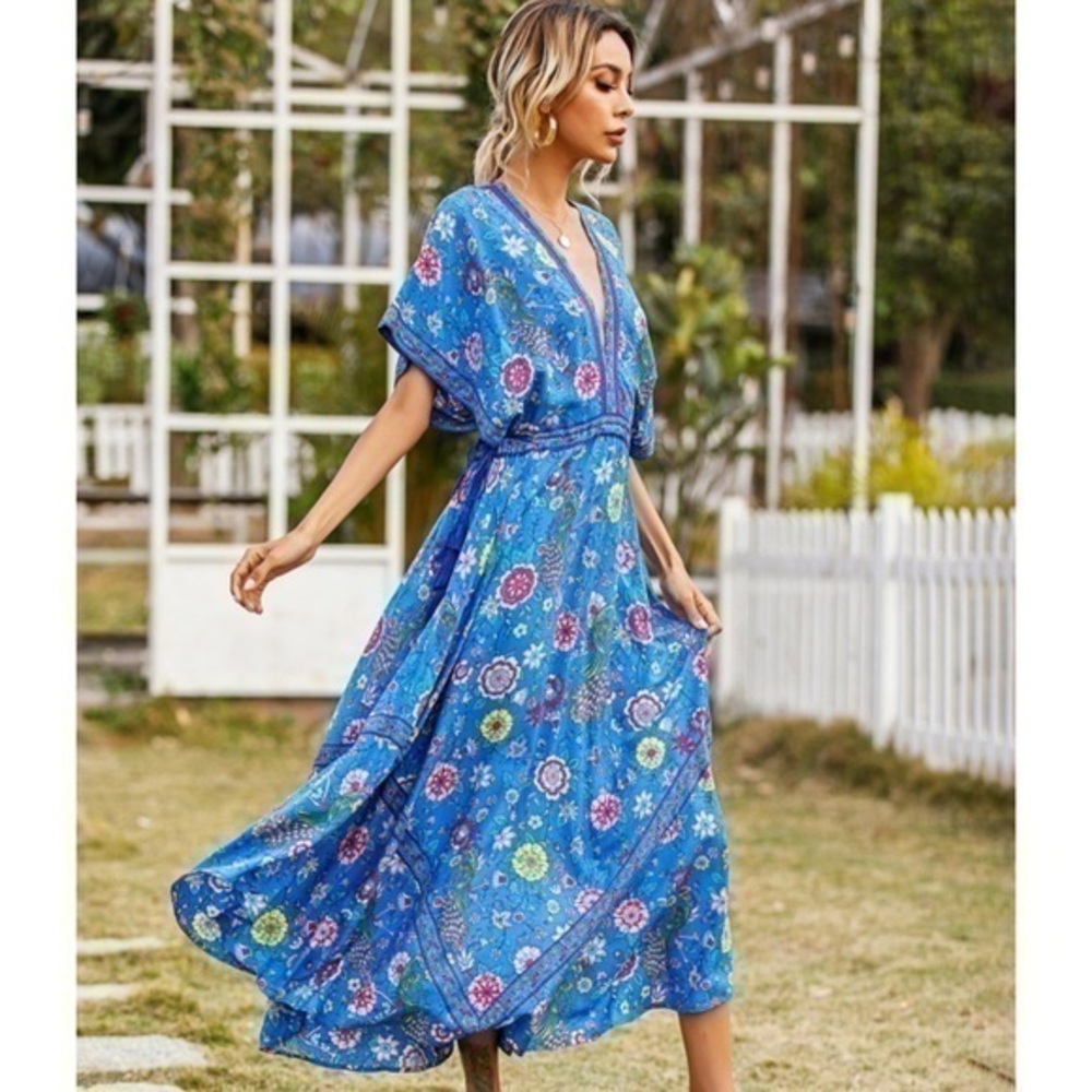 R. Vivimos Women's Floral Print Bohemian 
Backless Midi Dress Size S